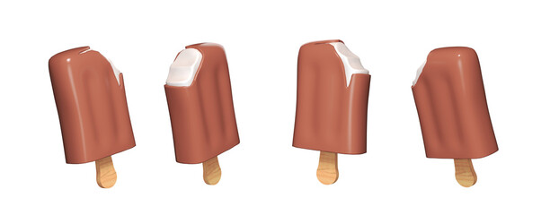 Chocolate Covered Ice Cream Bar on Wooden Stick 3d render illustration icon