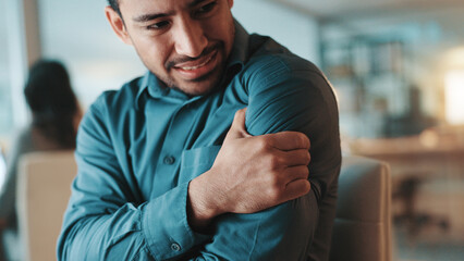 Fototapeta premium Frustrated, businessman and night with shoulder pain for muscle tension or discomfort at office. Man, employee or working late with sore arm, ache or injury for strain or bad posture at workplace