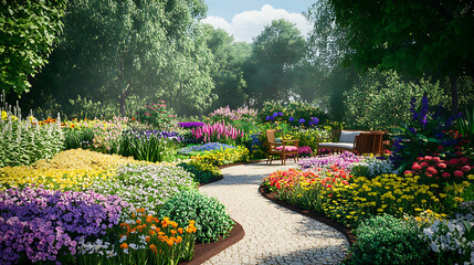 Fototapeta premium A Vibrant Garden Path Lined with Colorful Flowers and Serene Seating