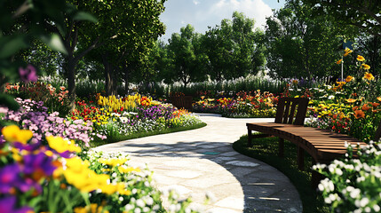Colorful Garden Path with Benches and Lush Vegetation