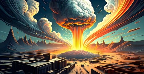 A high-altitude nuclear explosion causing a massive electromagnetic pulse (EMP), waves of energy spreading across a vast area, disabling electronics and power grids instantly in quilling paper style.