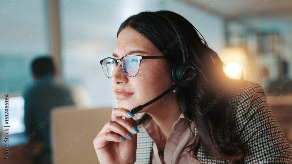 Aufkleber Headset, reading and solution with woman in call center for assistance, help pr support at night. Communication, computer and thinking with person at office for online customer service in evening