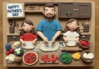 Father with daughters making pizza craft