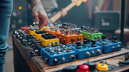 Colorful guitar effect pedals displayed on a wooden surface.