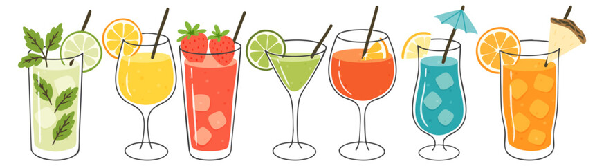 Hand-drawn flat and ink illustration of various colorful cocktails and summer drinks in different glasses with garnishes like lemon, lime, mint, strawberries, and umbrellas.