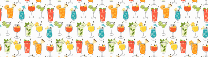 Seamless pattern of colorful hand-drawn summer cocktails in different glasses, garnished with fruit, mint, and umbrellas.