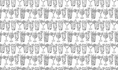 Seamless black and white pattern featuring a hand-drawn collection of summer cocktails in various glass types. The pattern is tileable and suitable for both print and digital projects.