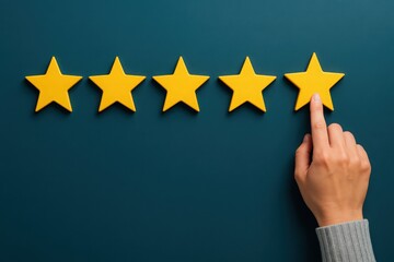 Five yellow stars representing customer satisfaction and rating experience on a teal background with a touching human hand