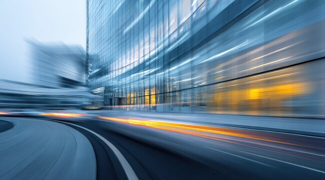 City street curves past a modern glass building. Blurry motion of traffic
