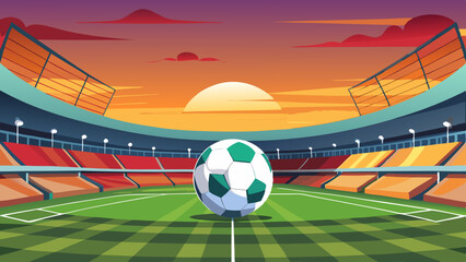 Anticipation builds as a soccer ball awaits kickoff at a vibrant stadium bathed in a warm sunset