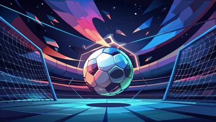The exhilarating moment before a goal in a stylized soccer match with vibrant neon and deep blue