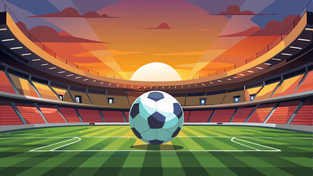 Fototapeta A soccer ball anticipates a thrilling match at sunset in a stadium of dreams under a vibrant sky