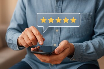 Man uses smartphone to rate service experience providing five stars for customer satisfaction concept with digital rating