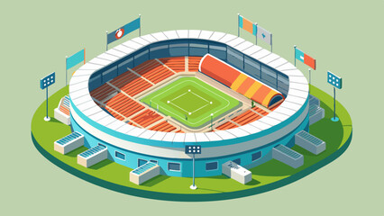 Isometric view of a baseball stadium ready for the next game showcasing team spirit with blue skies