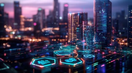 Futuristic cityscape at night with digital interface overlay
