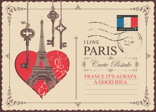 Vector greeting card with heart sign, keys, Eiffel Tower in Paris, France. Or vintage style postal envelope with words I love Paris. Valentine on Valentine's Day. Travel flyer. No AI used