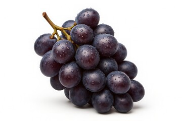 Close up view of a bunch of fresh black grapes with water droplets isolated on a white background