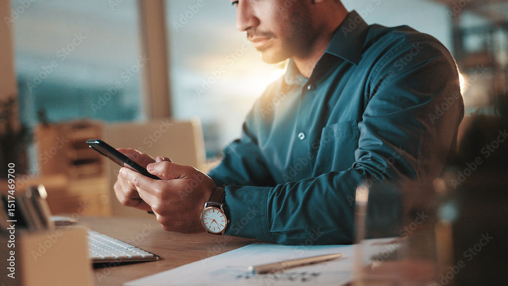 Poster business, hands and man with phone in office for checking schedule, research and chat at night. empl