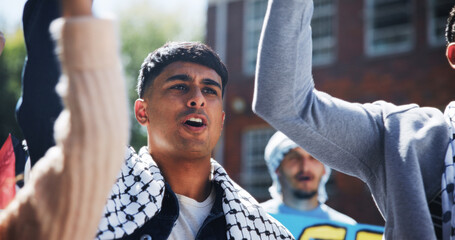 March, keffiyeh and activist with man in city for protest, human rights and social justice....