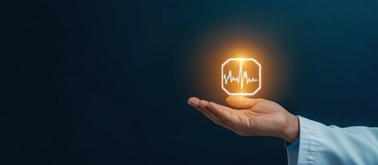 A hand holding a glowing octagon with a heartbeat line against a dark blue gradient background space