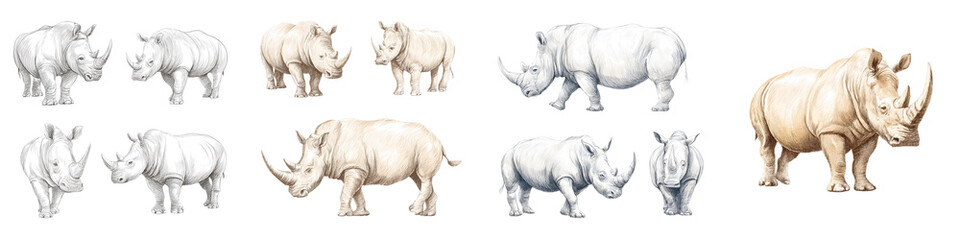 Realistic, detailed rhinoceros figurines in various sizes and colors, showcasing natural textures and intricate features, perfect for educational and decorative uses.