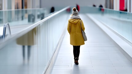 Fototapeta premium A woman walking alone in a shopping mall corridor