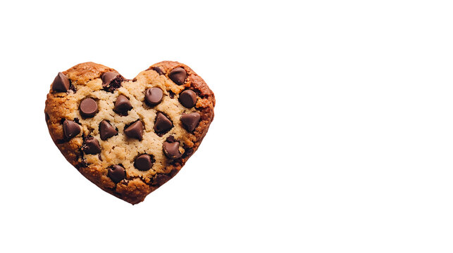 A heart shaped chocolate chip cookie with soft lighting and a warm tone isolated on transparent background