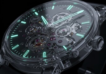 Close up of a luxury mechanical watch with exposed gears and glowing markers. Timepiece development and precision engineering concept.