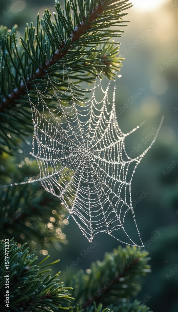 Aufkleber spiderweb covered in morning dew in serene forest setting