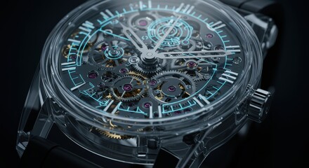 Obraz premium Close up view of a transparent skeleton watch with intricate mechanical gears visible through clear case. Time concept.