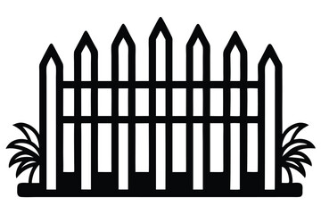 Simple Picket Fence with Grass Illustration in Black and White Silhouette