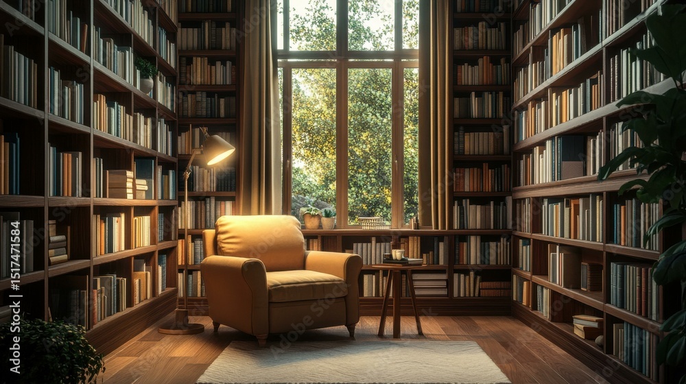 Poster cozy armchair with books and lamp in serene library setting