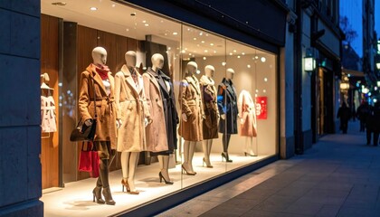 image of a brightly lit shopping window with mannequins and sale signs during the night, urban shopping area.