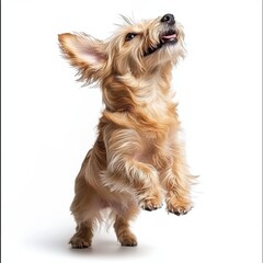 Playful small dog jumping with excitement furry terrier breed fluffy coat lively cheerful energetic pet against white background