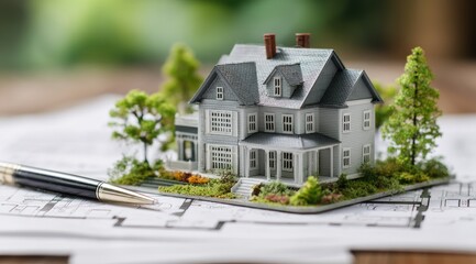 Miniature house model on architectural blueprints (1)