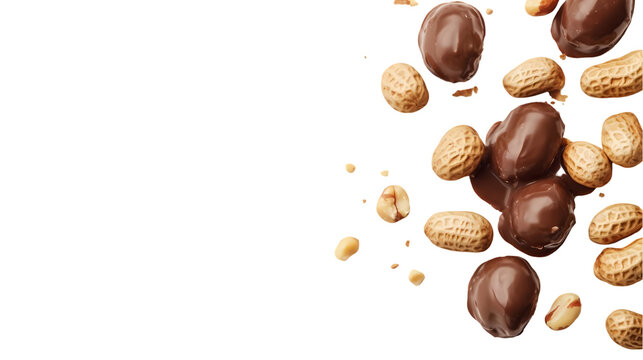 An aerial shot of chocolate covered peanuts and some regular peanuts scattered isolated on transparent background