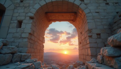 Fototapeta premium Majestic stone archway at sunset overlooking ancient ruins