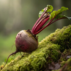 Side angle of a beetroot on a soft moss green background.
