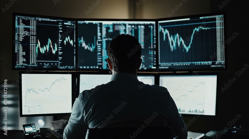 Aufkleber male professional analyzing data on multiple computer screens at night