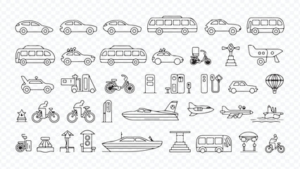 A hand-drawn vector icon collection featuring seamless patterns of vintage transport symbols