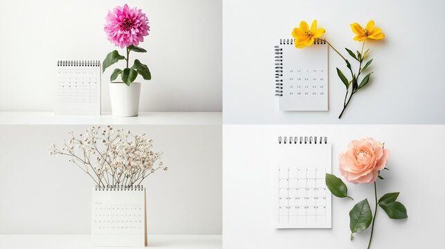 A four-panel image showcases minimalist arrangements of flowers and blank spiral-bound calendars against bright white backgrounds. Each - Powered by Adobe