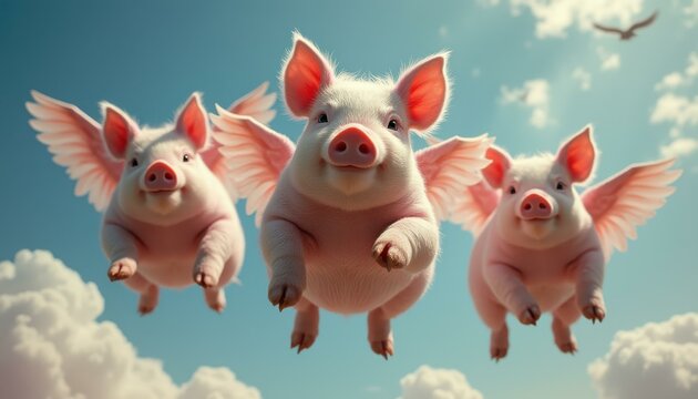 Three playful pigs flying in the sky among clouds