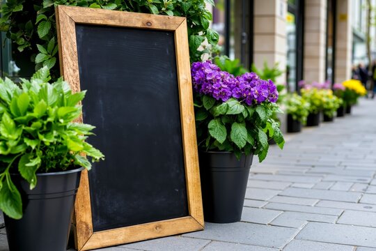 A blackboard sitting on the side of a sidewalk next to potted plants - Powered by Adobe