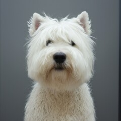 Close-up portrait of a fluffy West Highland White Terrier dog with white fur, dark eyes, and black nose against plain gray background, full face shot