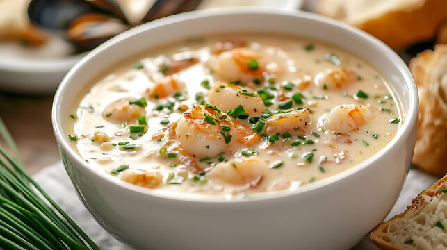 Creamy Shrimp Chowder Garnished with Chives in a White Bowl