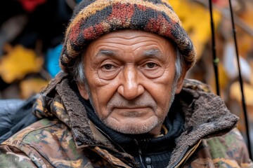Obraz premium Elderly man wearing a colorful hat enjoys nature in autumn with vibrant leaves surrounding him