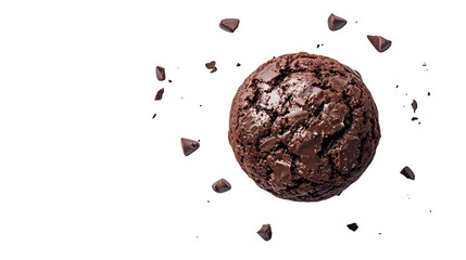 A chocolate chip cookie with chocolate chunks floating around it in a shot isolated on transparent background