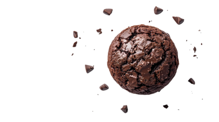 A chocolate chip cookie with chocolate chunks floating around it in a shot isolated on transparent background