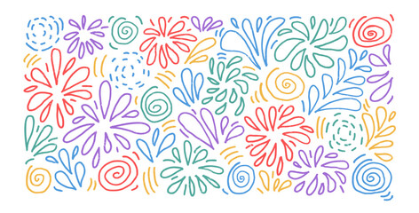 Firework line hand drawn n set. Children party multicolor firecrackers and splashes in doodle style isolated on white background. Carnival scribble decoration. Vector illustration by pencil and chalk.