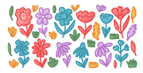 Flowers crayon drawn set. Naive floral multi colors doodle isolated on white background. Daisy, poppy, grass, leaves sketch elements. Vector childish style illustration by pencil.